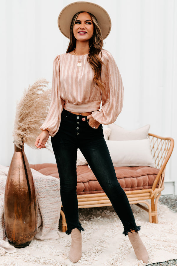 It's About Time Tie-Back Balloon Sleeve Top (Champagne) - NanaMacs