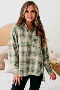 Mountain Tops High-Low Plaid Flannel Top (Olive Green) - NanaMacs