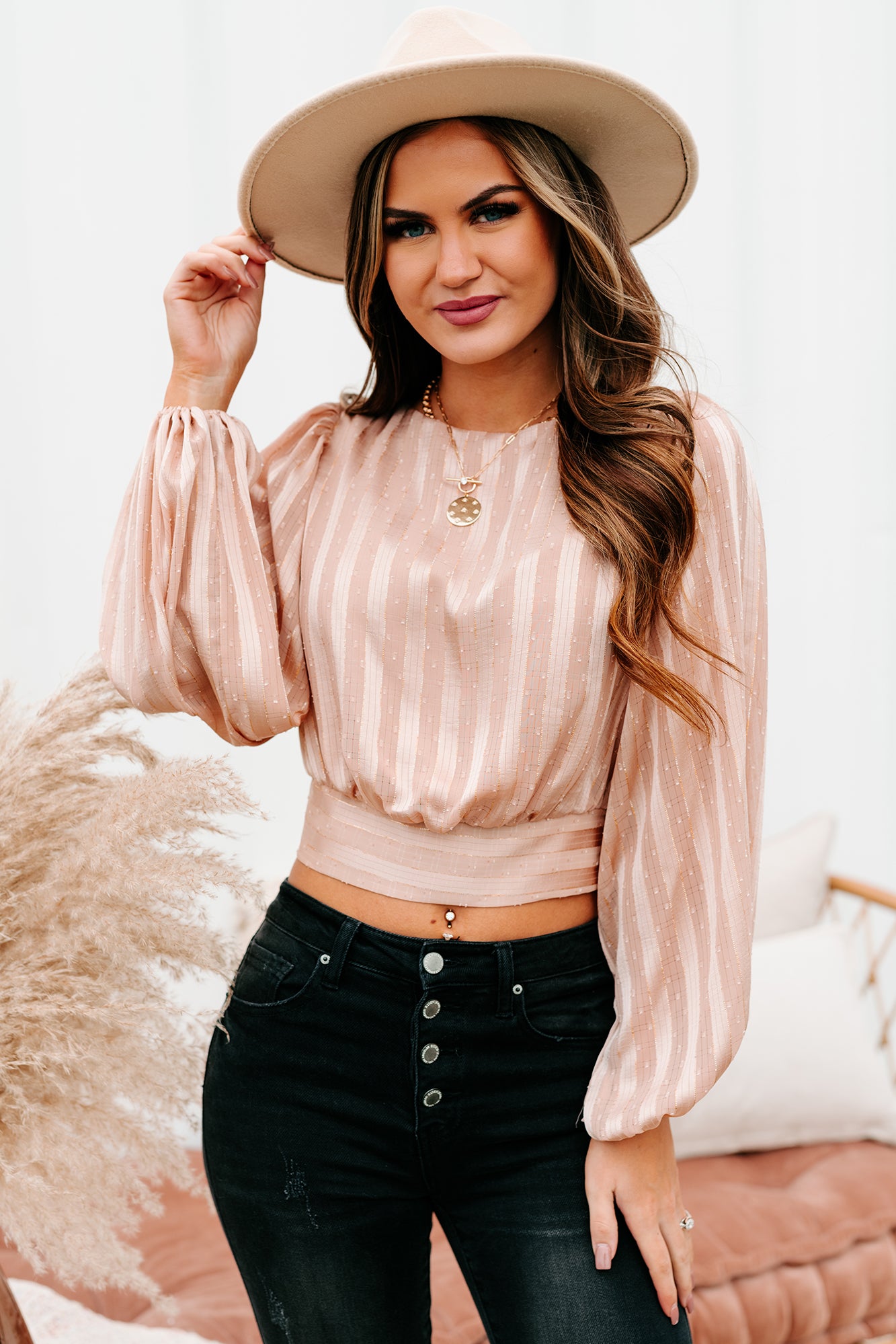 It's About Time Tie-Back Balloon Sleeve Top (Champagne) - NanaMacs