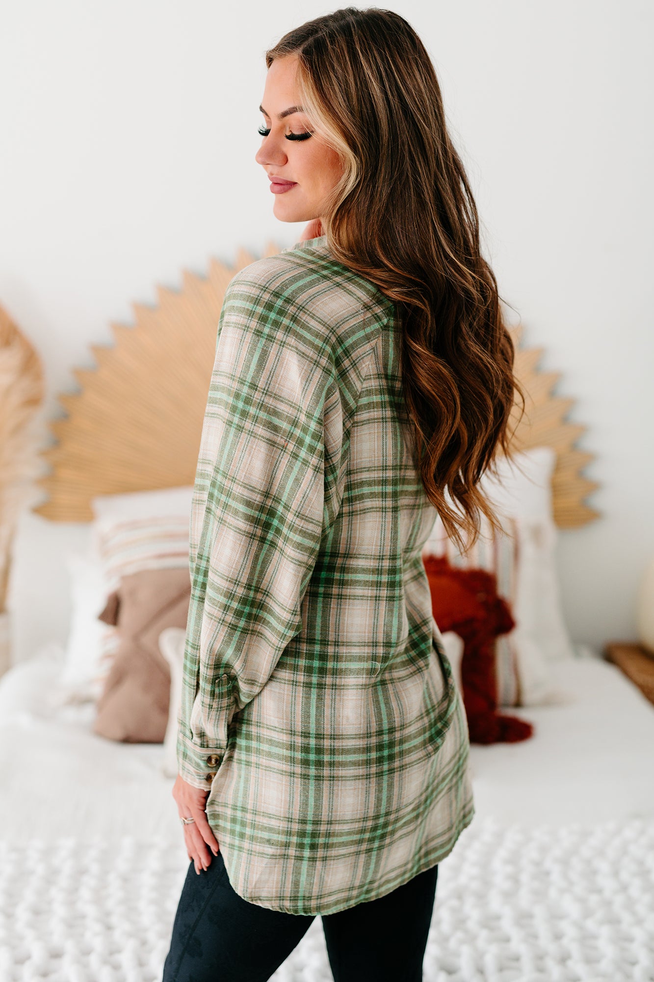 Mountain Tops High-Low Plaid Flannel Top (Olive Green) - NanaMacs