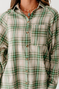 Mountain Tops High-Low Plaid Flannel Top (Olive Green) - NanaMacs