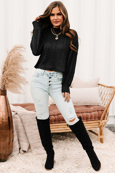 Autumn Affair Textured Mock Neck Top (Black) - NanaMacs