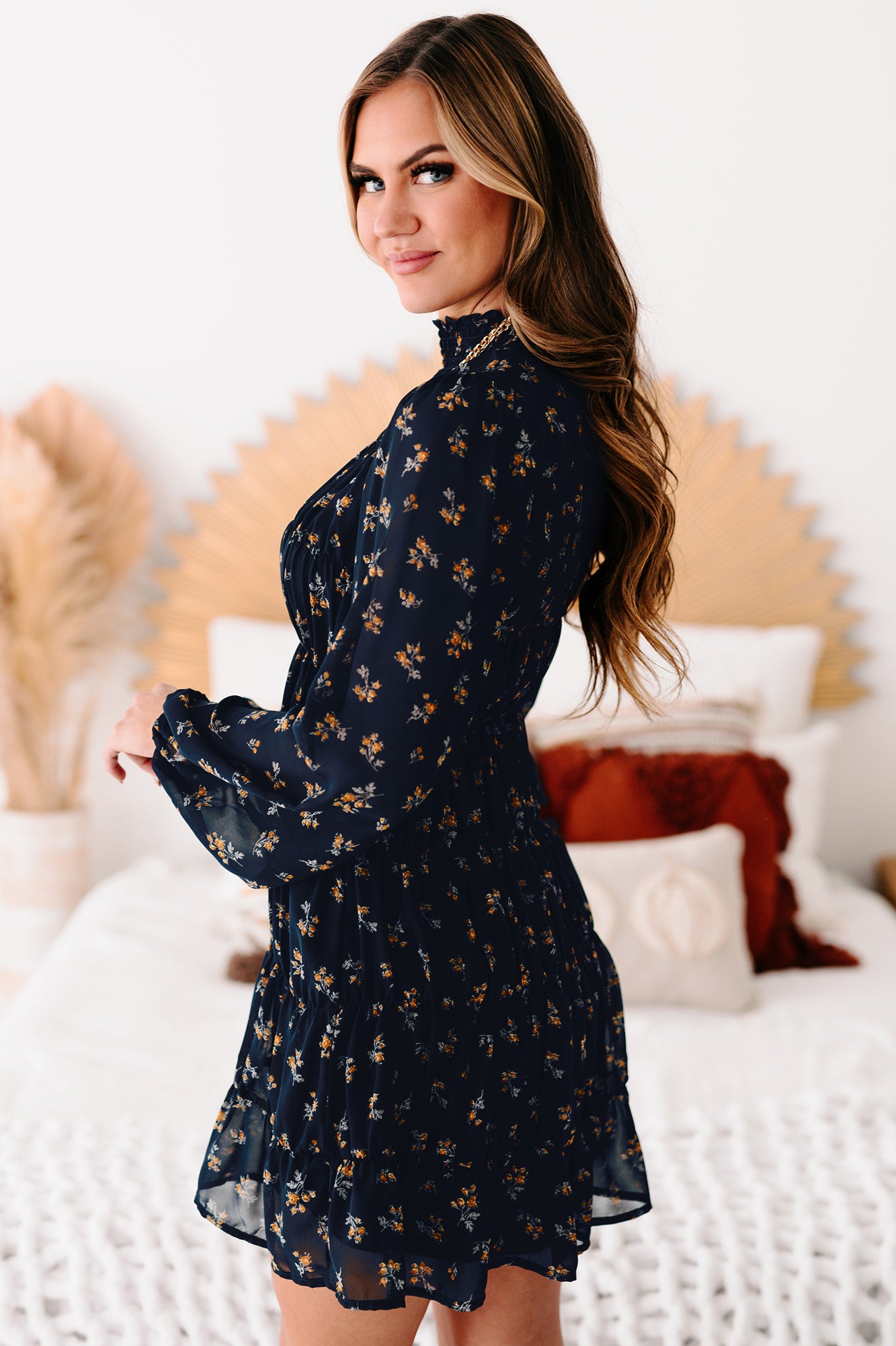 Freely Flying Floral Smocked Long Sleeve Dress (Navy) - NanaMacs