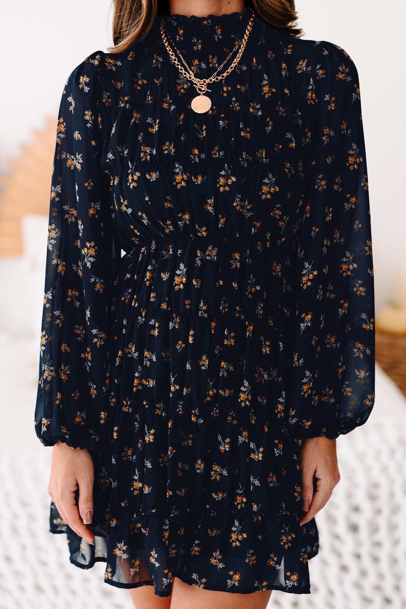 Freely Flying Floral Smocked Long Sleeve Dress (Navy) - NanaMacs