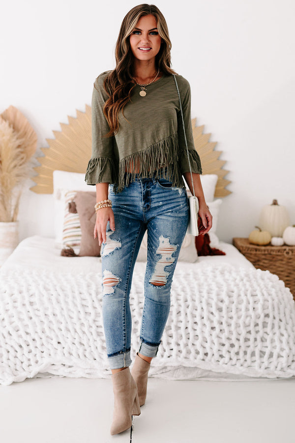 Eager Love Cross-Over Fringe Crop Top (Olive) - NanaMacs