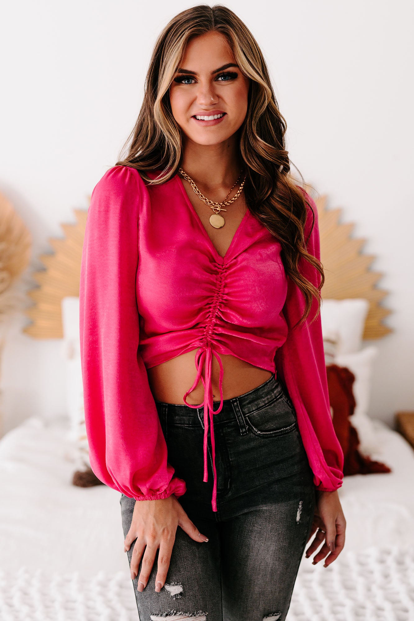 Delightfully Girly Ruched Front Satin Crop Top (Fuchsia) - NanaMacs