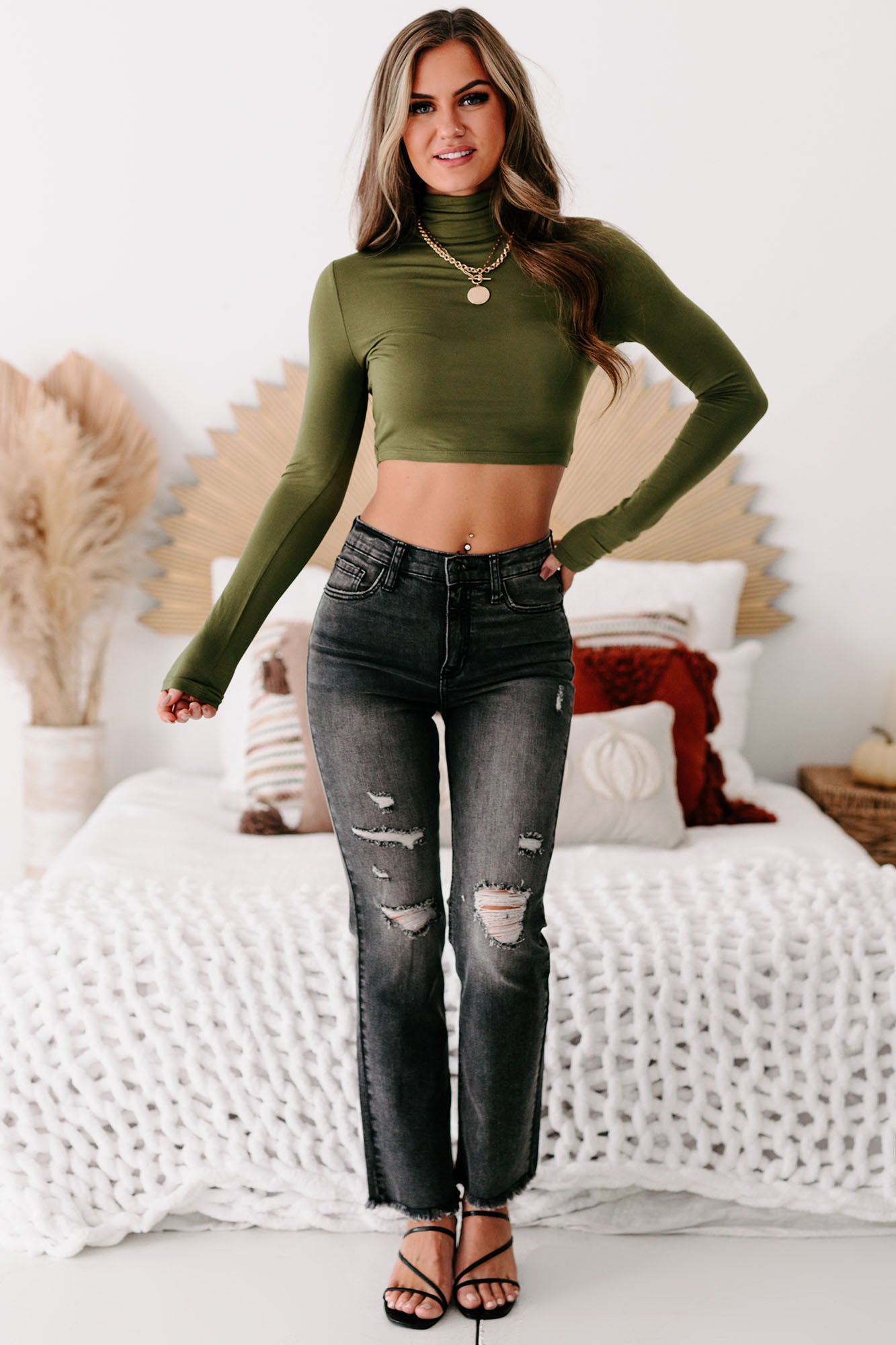 No Distractions Long Sleeve Turtle Neck Crop Top (Olive) - NanaMacs