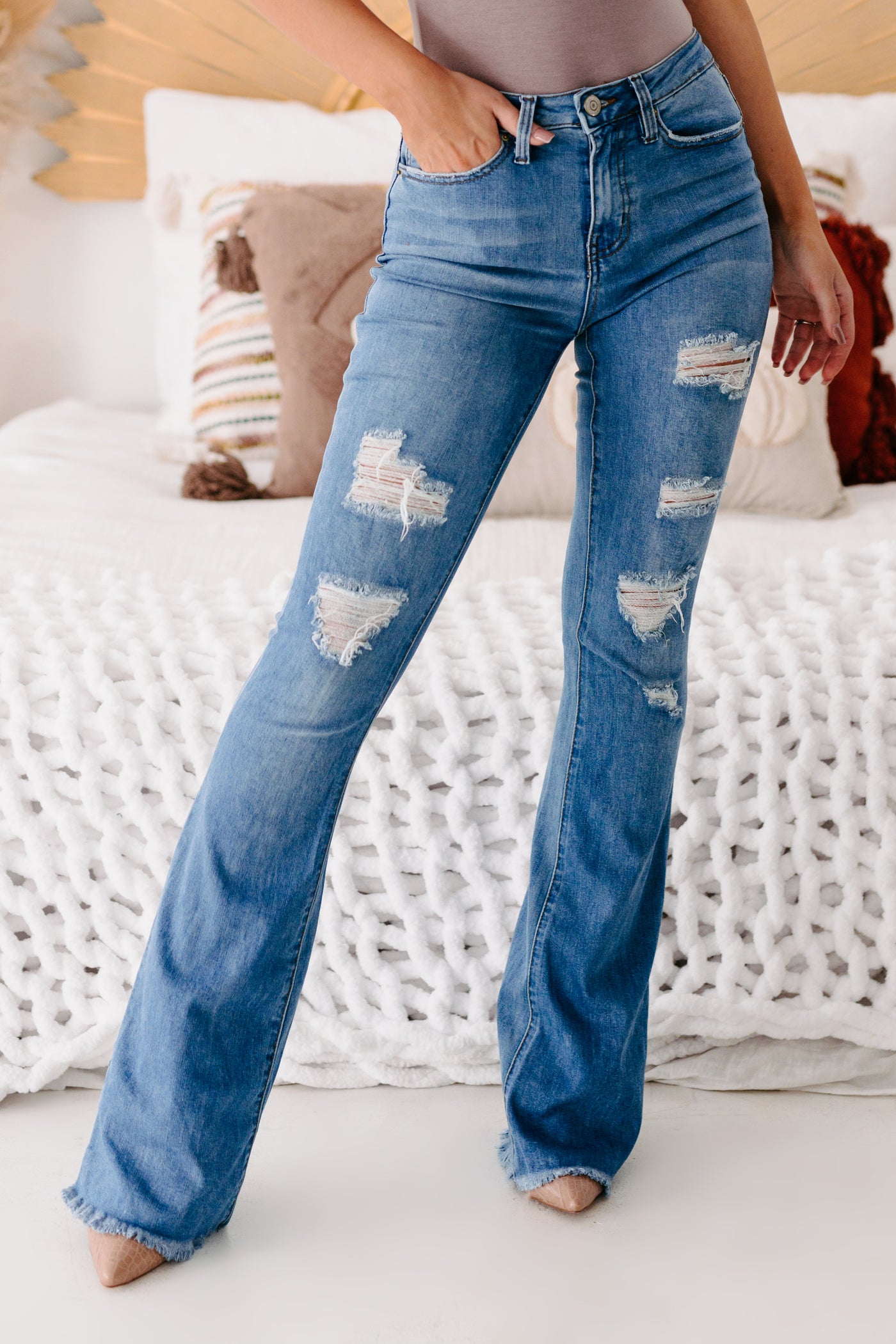 Pursuing You YMI High Rise Distressed Flare Jeans (Medium) - NanaMacs