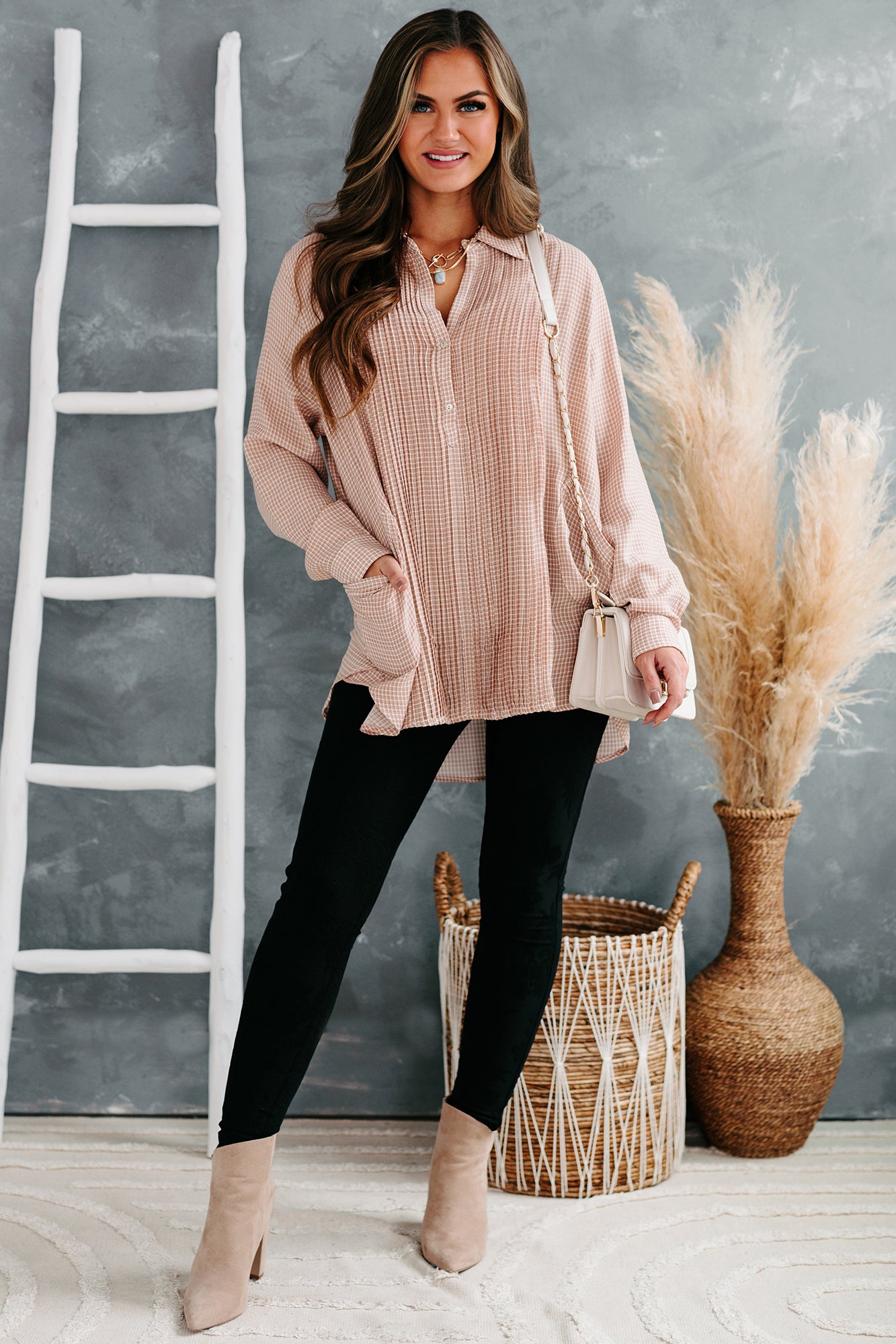 Good Intuition Pleated Front Oversized Tunic Top (Rust/Ivory) - NanaMacs