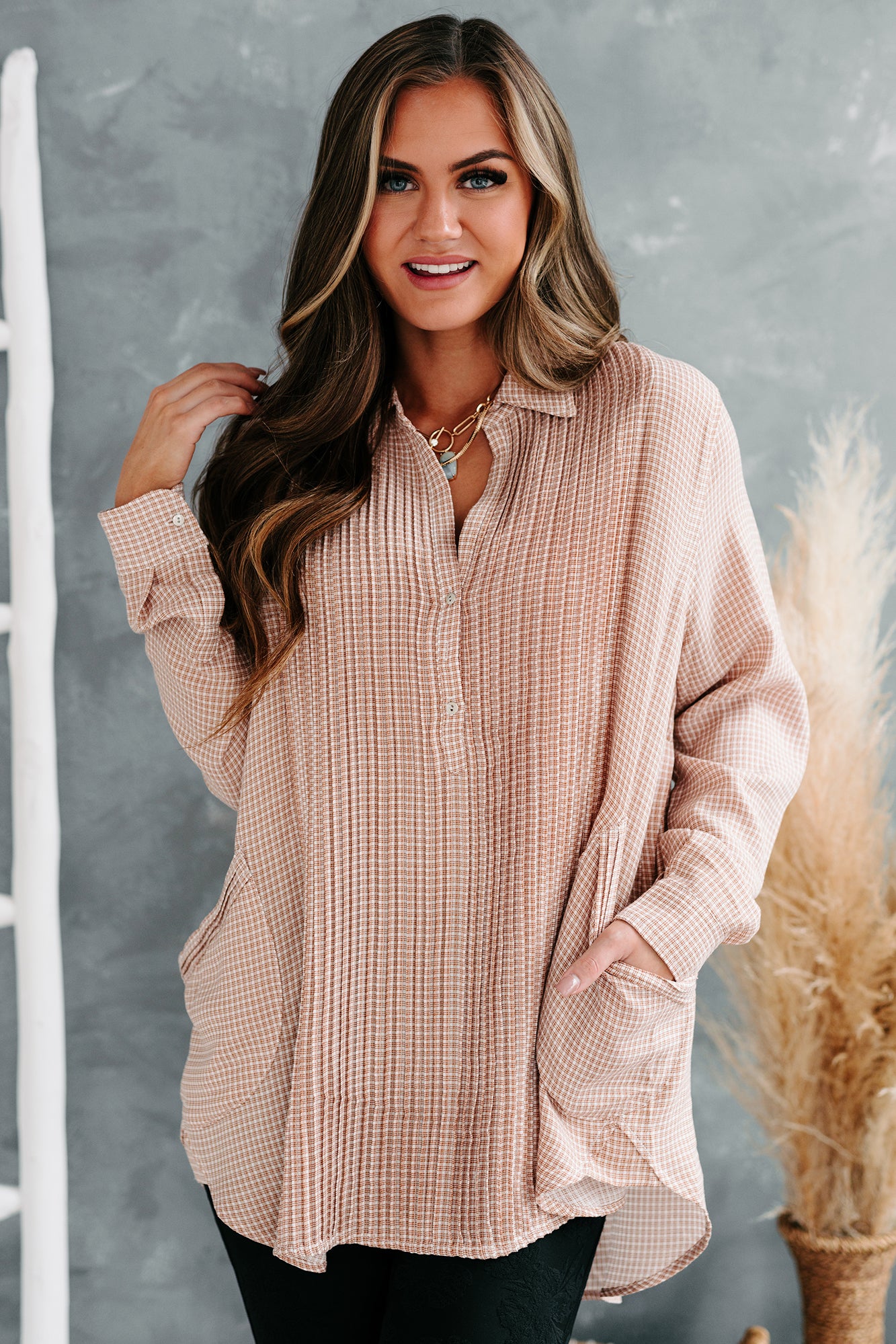 Good Intuition Pleated Front Oversized Tunic Top (Rust/Ivory) - NanaMacs