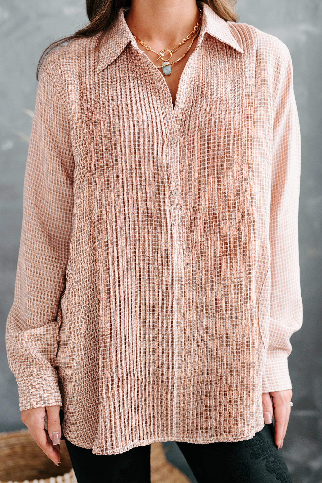 Good Intuition Pleated Front Oversized Tunic Top (Rust/Ivory) - NanaMacs