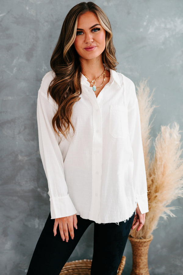 Zia Button Front Long Sleeve Top (White) - NanaMacs