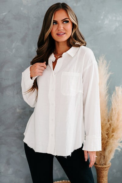 Zia Button Front Long Sleeve Top (White) - NanaMacs