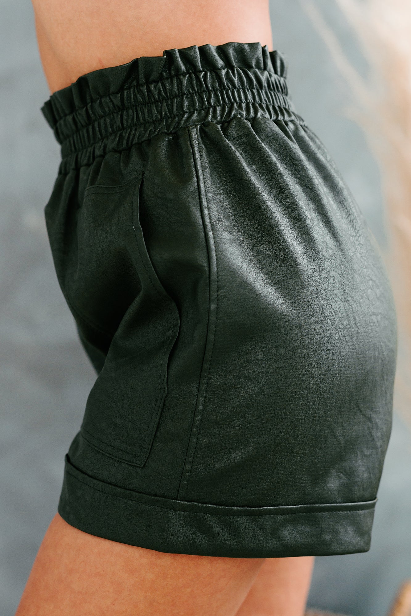 Sunset Avenue High Waisted Faux Leather Shorts (Olive) - NanaMacs