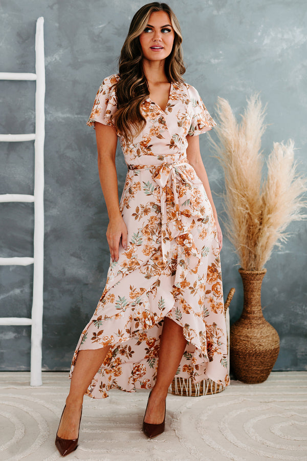 Yearn For More High-Low Floral Satin Dress (Blush Multi) - NanaMacs