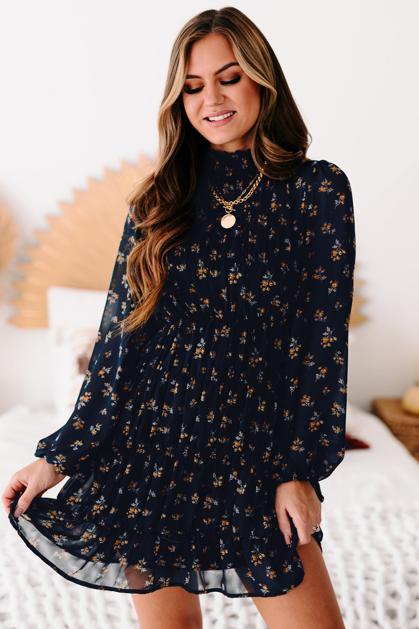 Freely Flying Floral Smocked Long Sleeve Dress (Navy) - NanaMacs