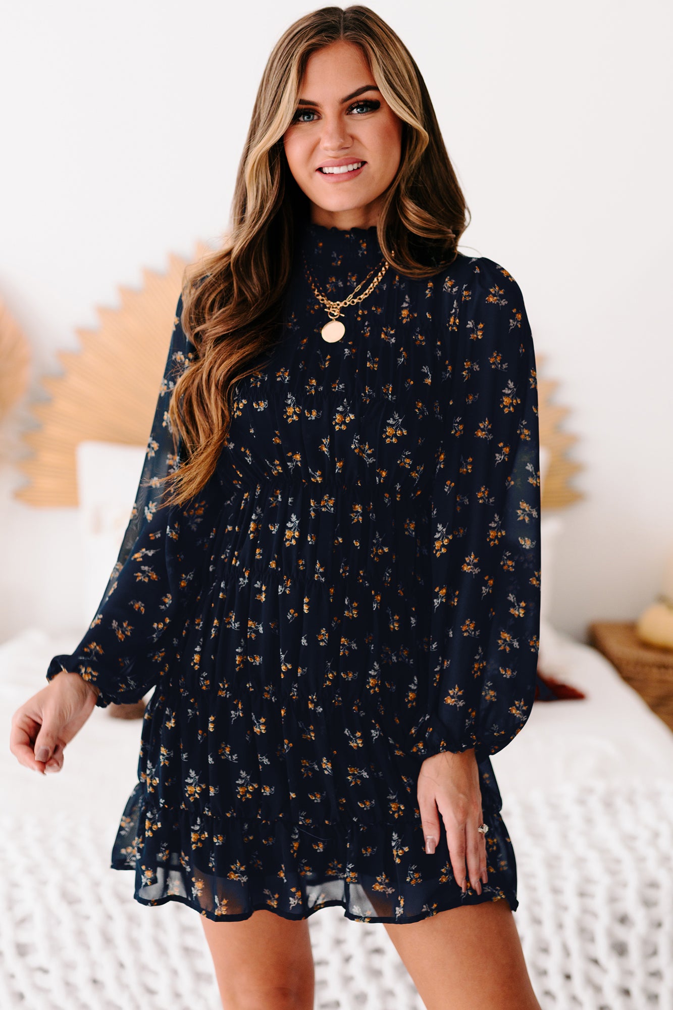 Freely Flying Floral Smocked Long Sleeve Dress (Navy) - NanaMacs