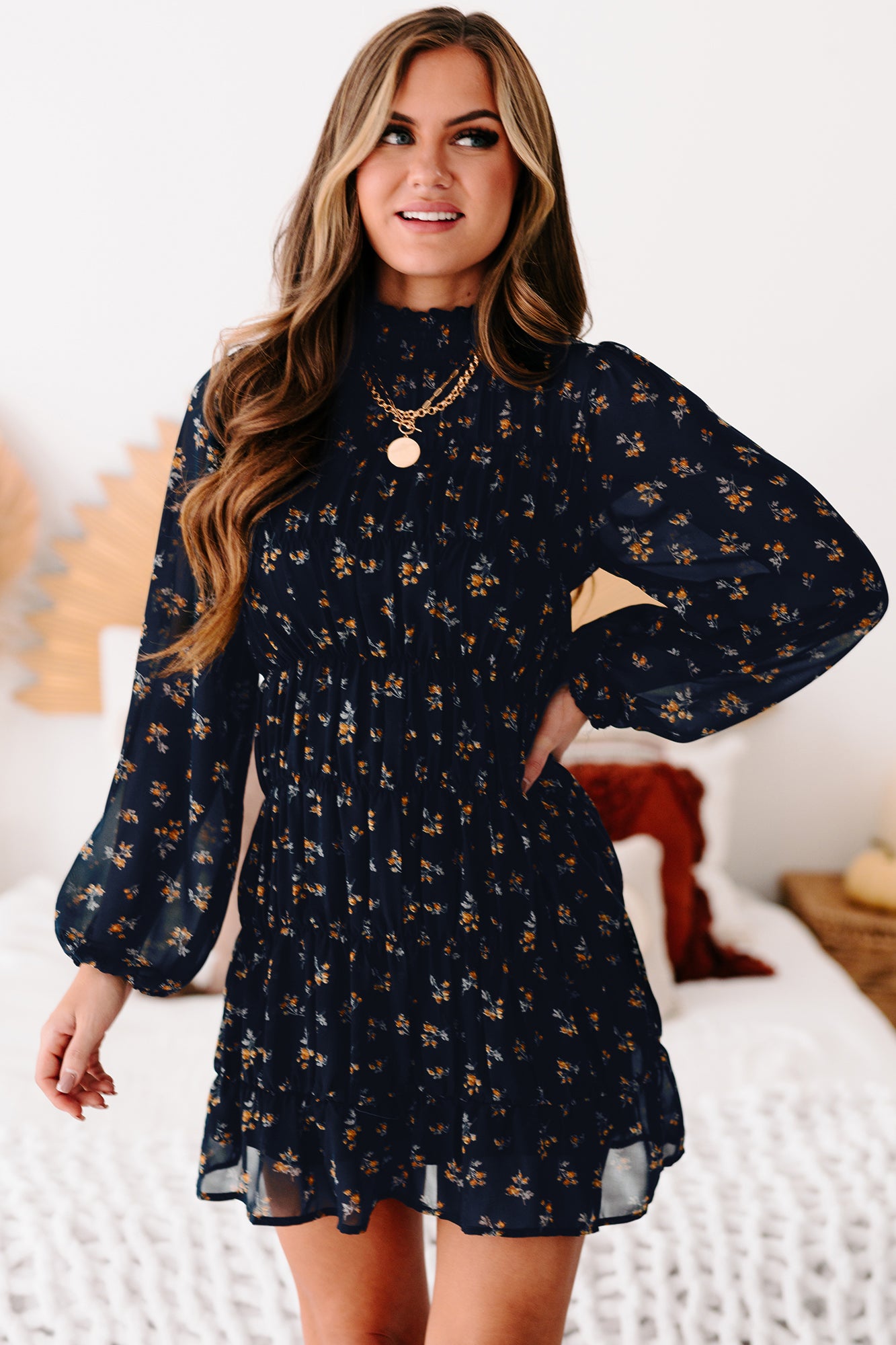 Freely Flying Floral Smocked Long Sleeve Dress (Navy) - NanaMacs