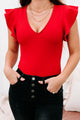 Flirtatious Moment Ribbed Ruffle Sleeve Bodysuit (Red) - NanaMacs