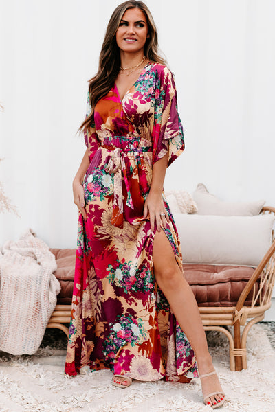 Idyllic Evenings Belted Kimono Maxi Dress (Passion/Burgundy/Rust) - NanaMacs