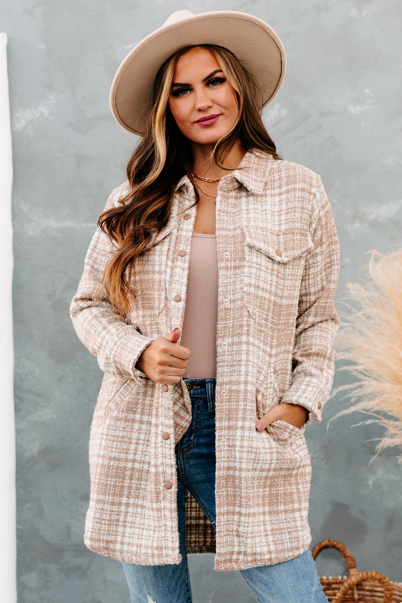 Totally Tweed Textured Tweed Shacket (Taupe/White) - NanaMacs