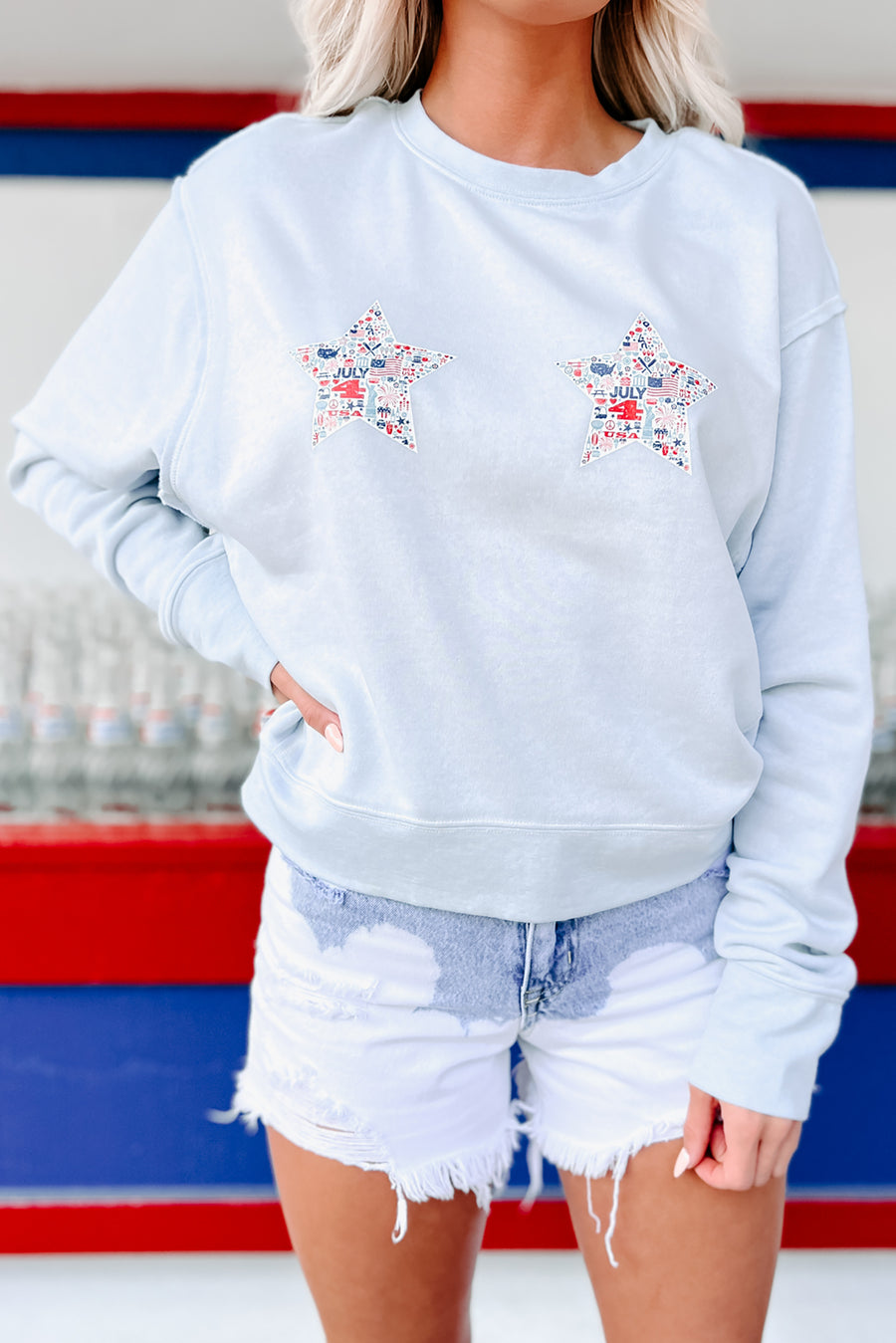 Favorites Of The Fourth Raw Seam Graphic Pullover (Arctic Blue) - Print On Demand - NanaMacs