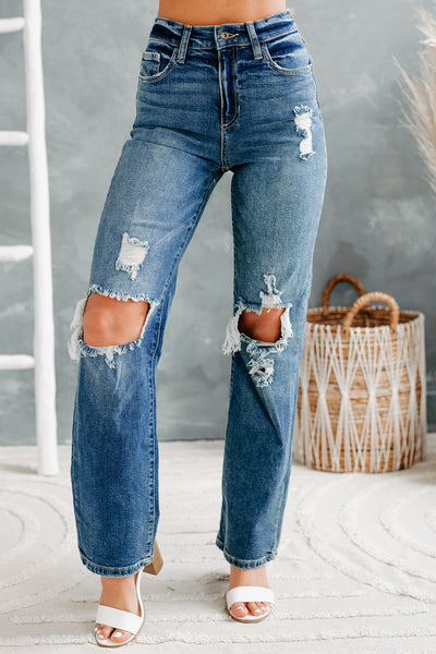 Days Like These High Rise Distressed Knee Straight Leg Sneak Peek Jeans (Medium Dark) - NanaMacs