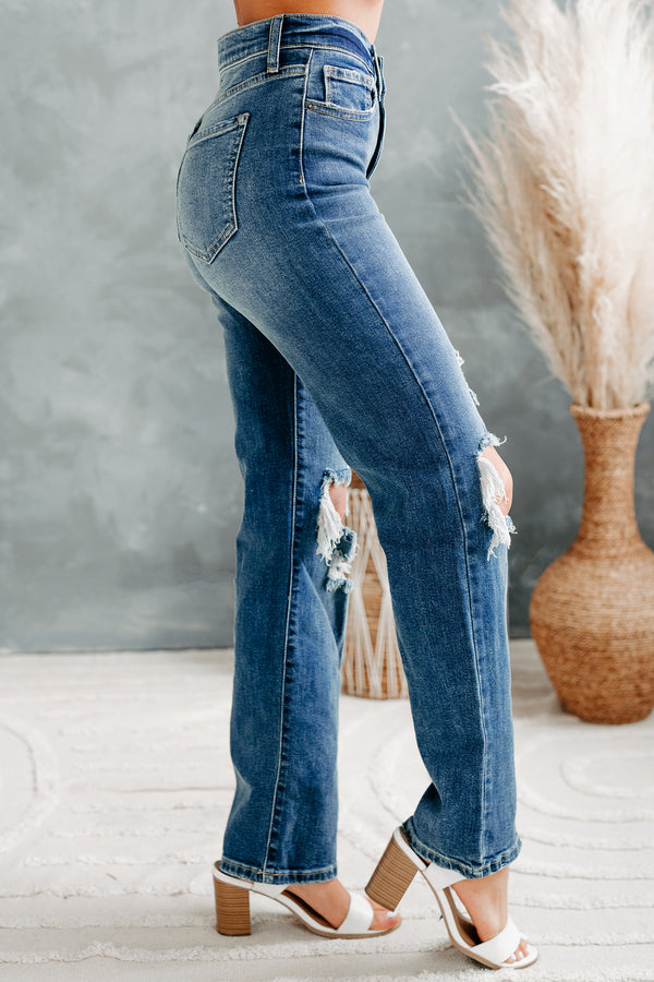 Days Like These High Rise Distressed Knee Straight Leg Sneak Peek Jeans (Medium Dark) - NanaMacs