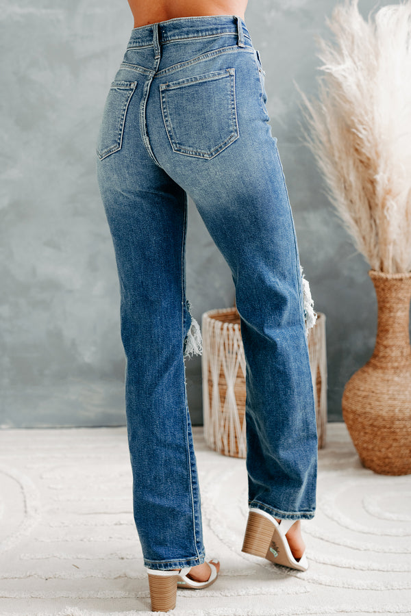 Days Like These High Rise Distressed Knee Straight Leg Sneak Peek Jeans (Medium Dark) - NanaMacs