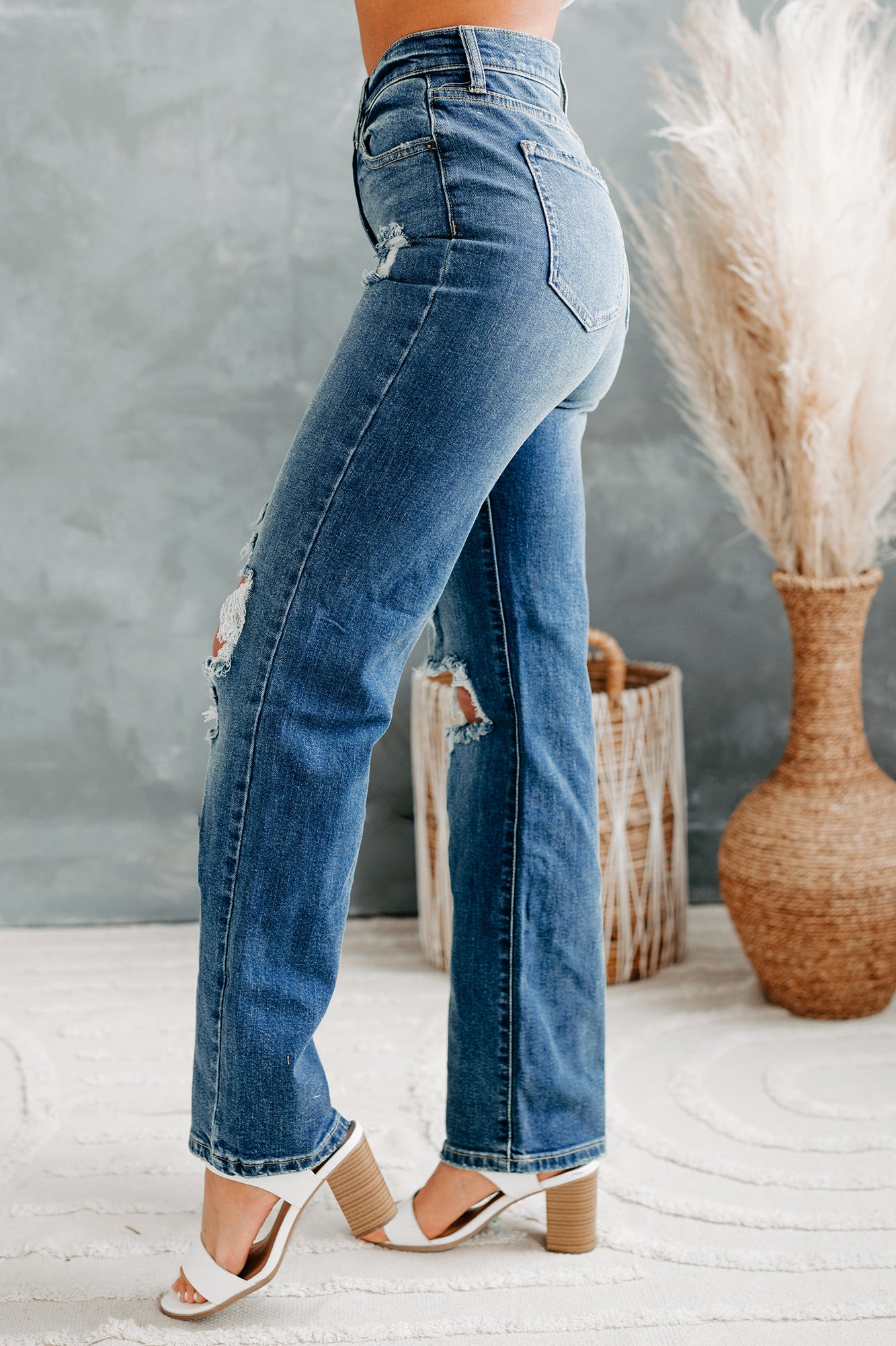 Days Like These High Rise Distressed Knee Straight Leg Sneak Peek Jeans (Medium Dark) - NanaMacs