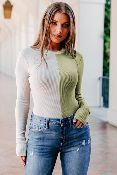Getting Creative Ribbed Color Block Bodysuit (Tan/Light Olive) - NanaMacs