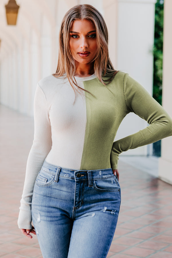 Getting Creative Ribbed Color Block Bodysuit (Tan/Light Olive) - NanaMacs