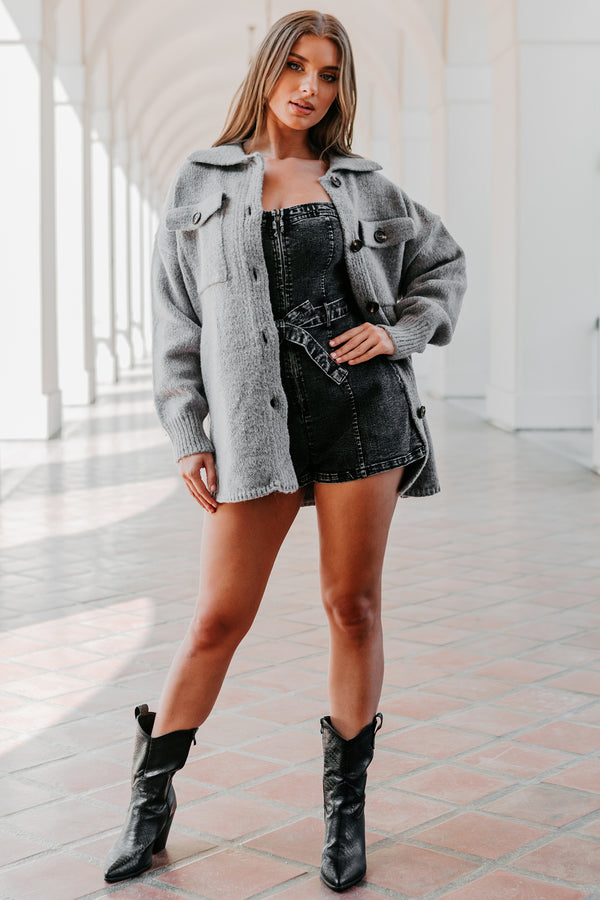 Mellow Moment Button-Front Sweater Jacket (Charcoal) - NanaMacs