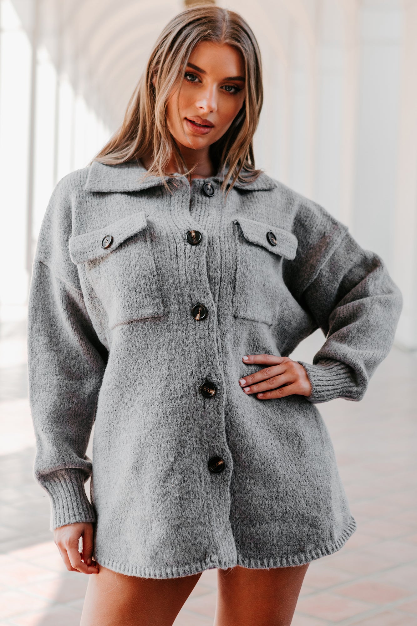Mellow Moment Button-Front Sweater Jacket (Charcoal) - NanaMacs