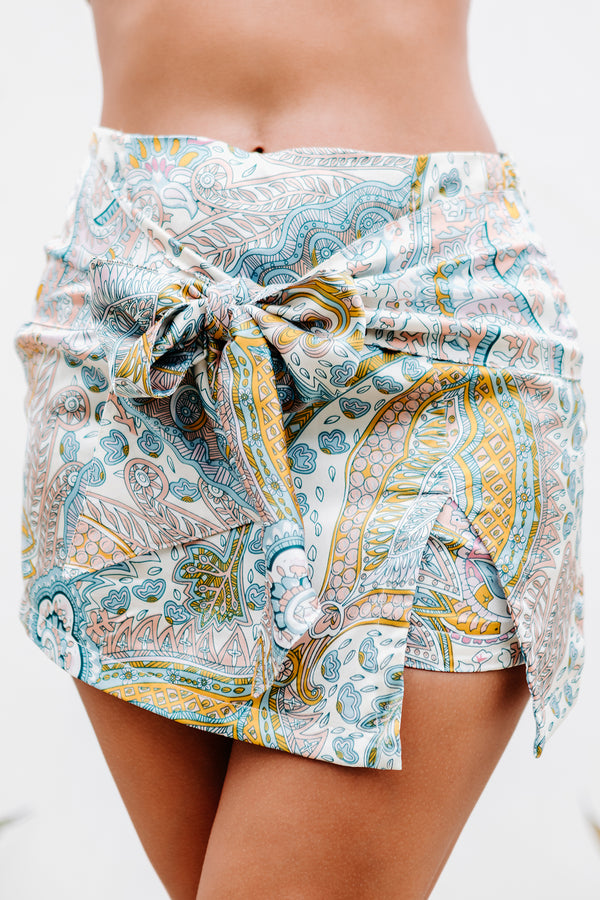 In Posh Company Paisley Printed Satin Skort (White/Sky/Yellow) - NanaMacs