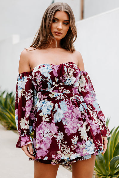 Love Me Tomorrow Floral Off The Shoulder Romper (Plum) - NanaMacs