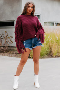 Sweet Like Cider Fringe Sleeve Sweater (Wine) - NanaMacs