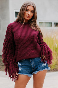 Sweet Like Cider Fringe Sleeve Sweater (Wine) - NanaMacs