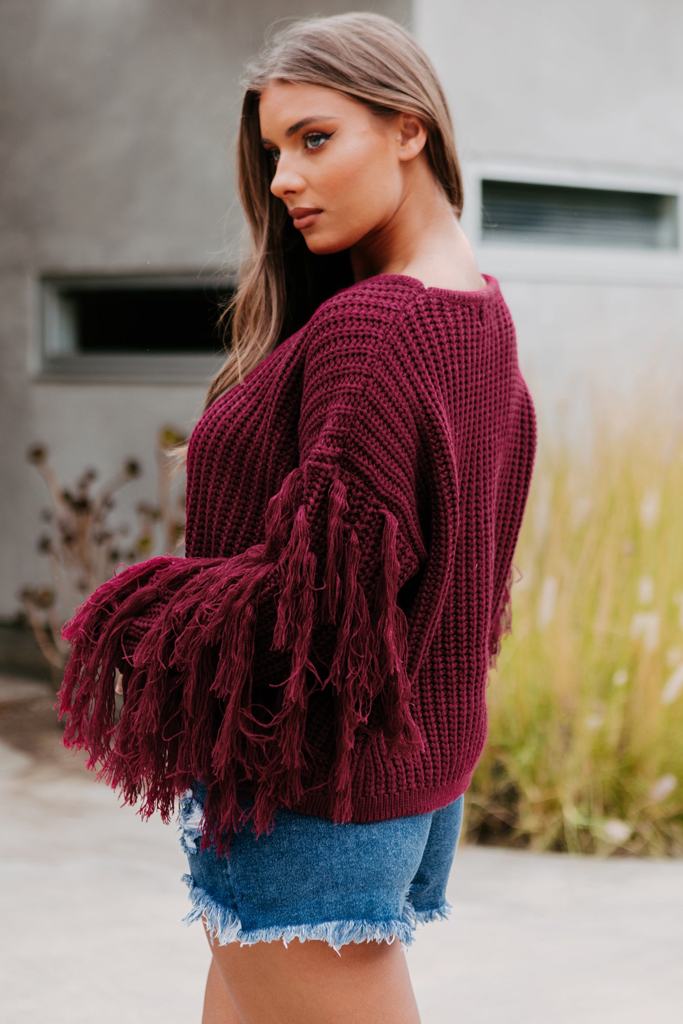 Sweet Like Cider Fringe Sleeve Sweater (Wine) - NanaMacs