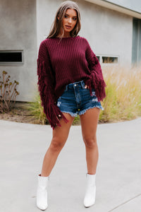 Sweet Like Cider Fringe Sleeve Sweater (Wine) - NanaMacs