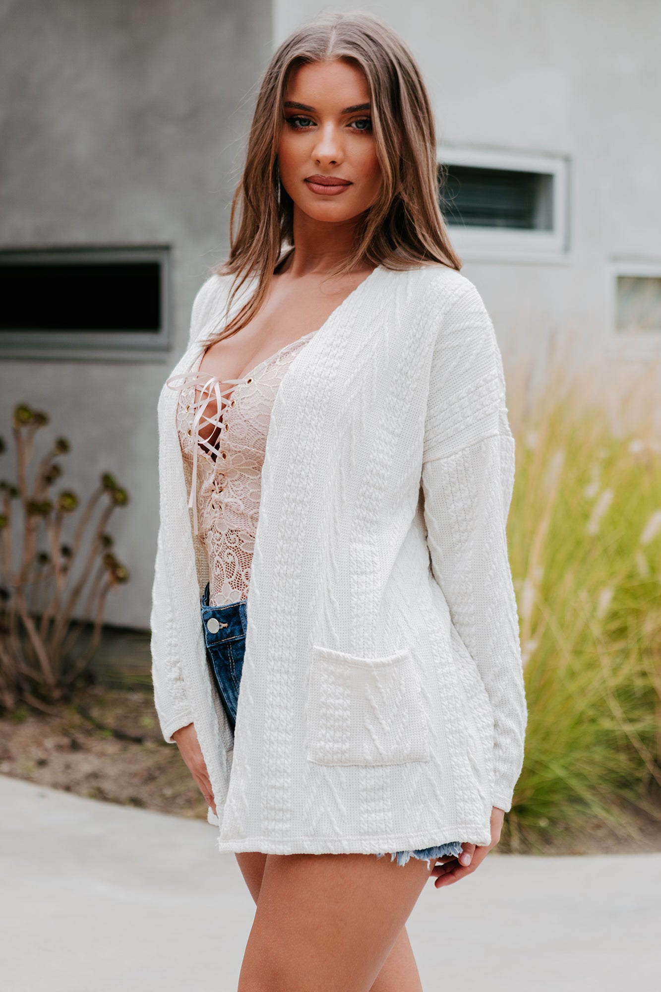 Simply Serene Open Front Textured Knit Cardigan (Ivory) - NanaMacs