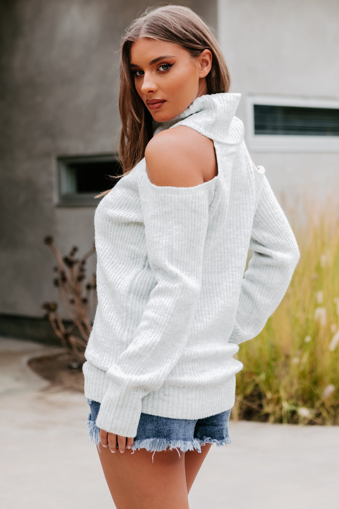 Find Your Courage Cold Shoulder Sweater (Light Heather Grey) - NanaMacs