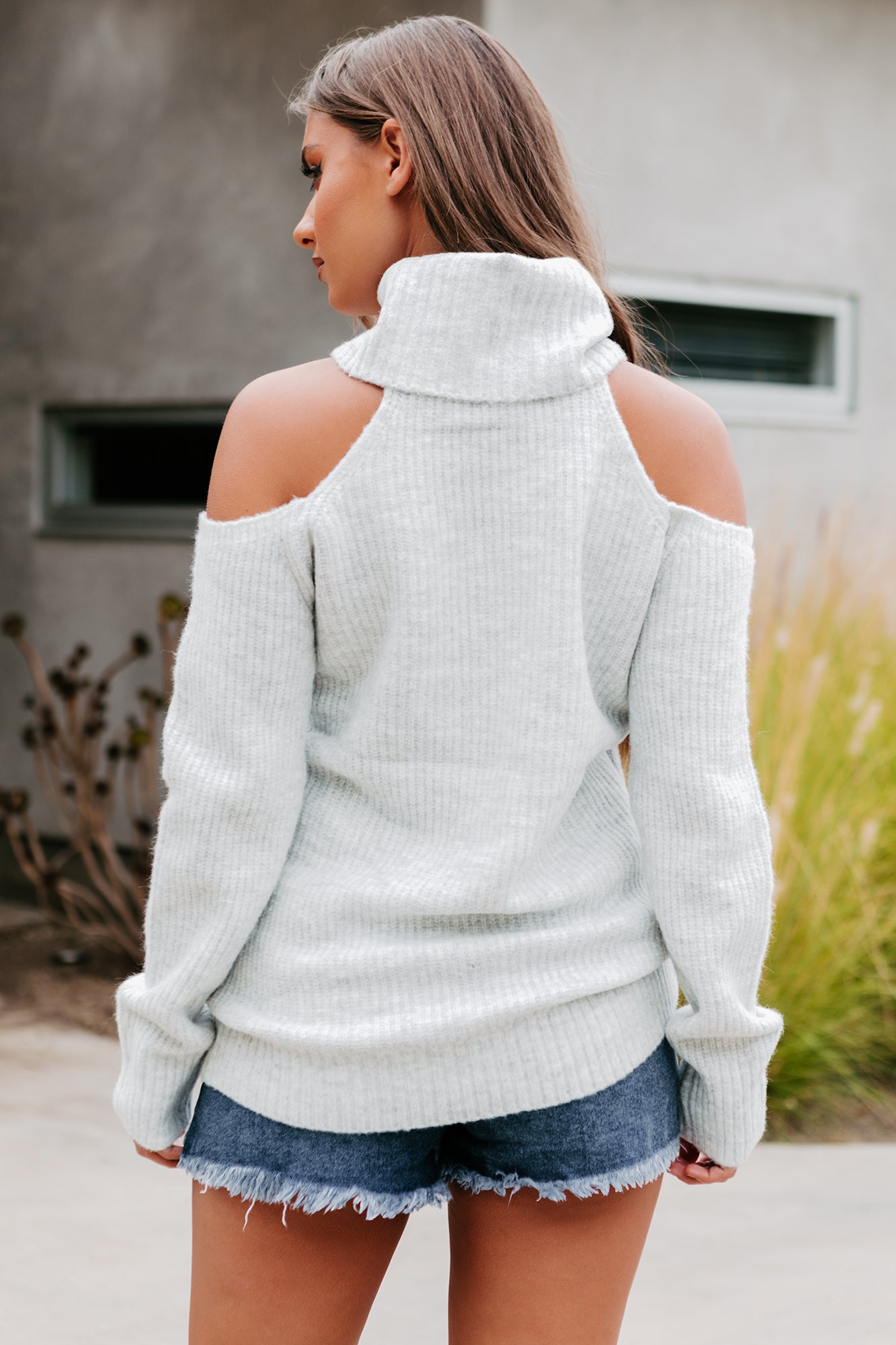 Find Your Courage Cold Shoulder Sweater (Light Heather Grey) - NanaMacs