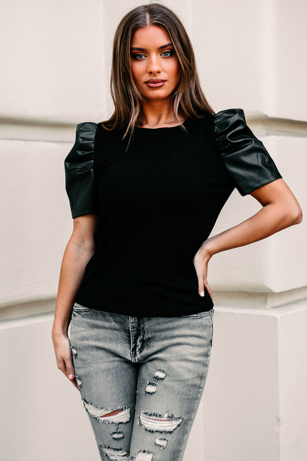 Feeling Empowered Puffed Faux Leather Sleeve Top (Black) - NanaMacs