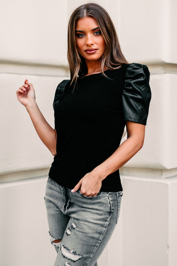 Feeling Empowered Puffed Faux Leather Sleeve Top (Black) - NanaMacs