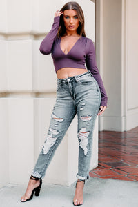 Sarabeth Long Sleeve Plunging Neck Crop Top (Plum) - NanaMacs