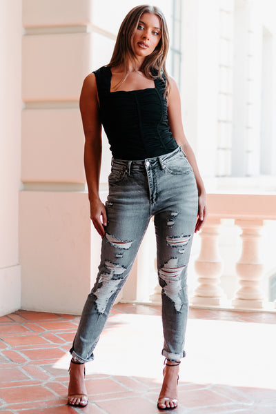 Daring Desires Ruched Mesh Bodysuit (Black) - NanaMacs