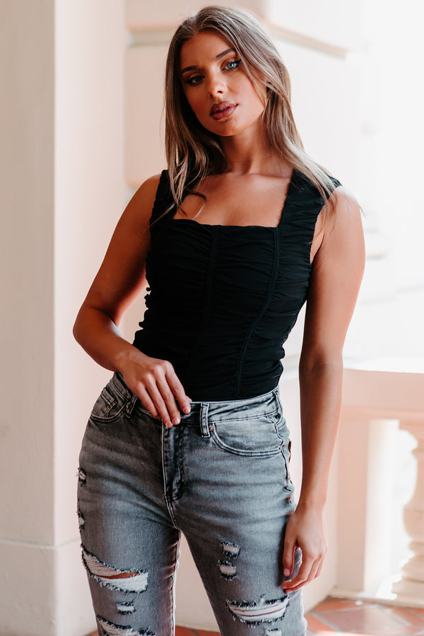 Daring Desires Ruched Mesh Bodysuit (Black) - NanaMacs