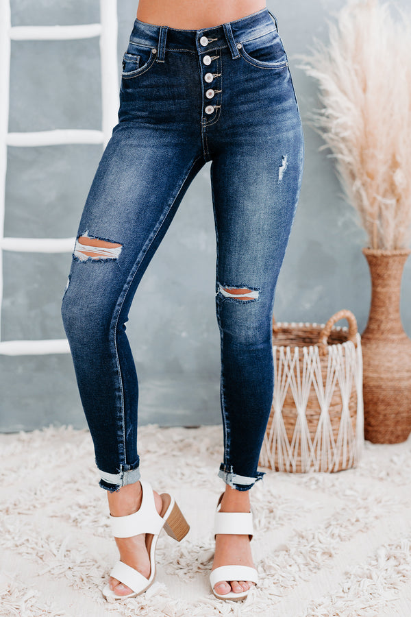 Measuring Up High Rise Button-Fly Distressed Skinny Kancan Jeans (Dark) - NanaMacs