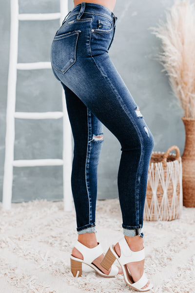 Measuring Up High Rise Button-Fly Distressed Skinny Kancan Jeans (Dark) - NanaMacs